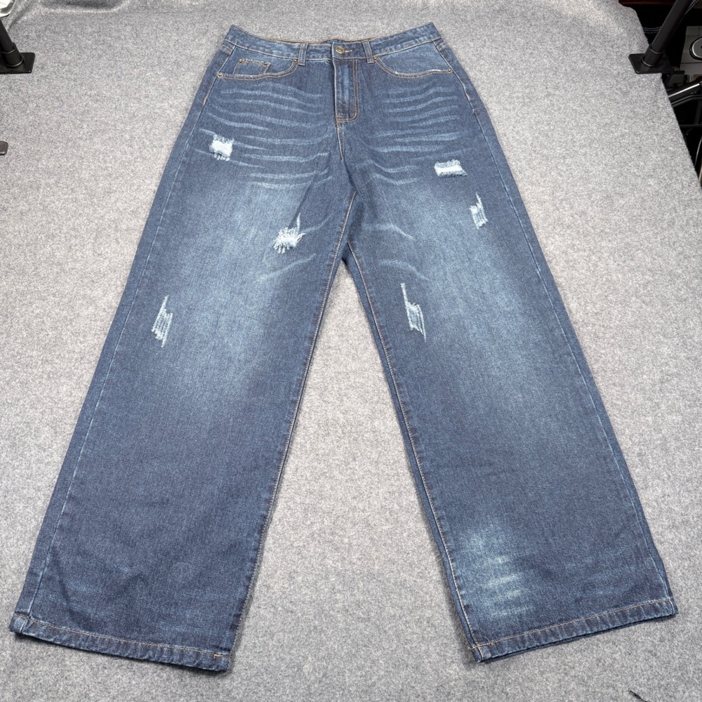 Tommy Shijia Denim Womens Dark Wash Distressed Wide Leg High Waisted Jeans Small